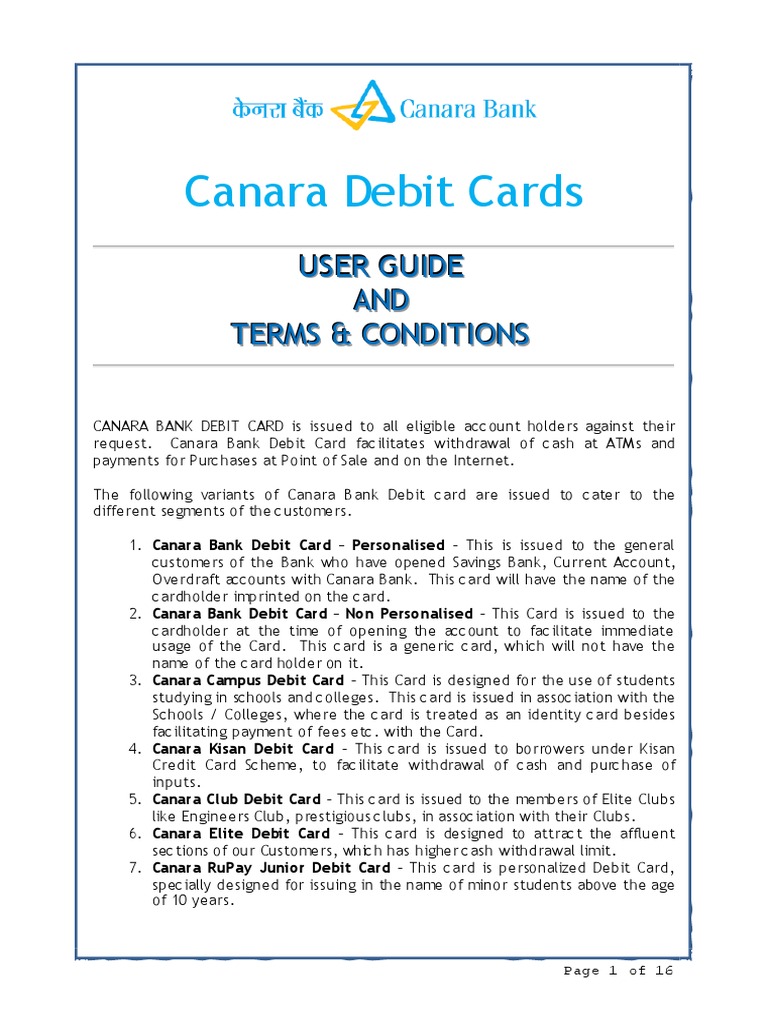 User Guide And Tnc Canara Bank Debit Card Debit Card Automated - 