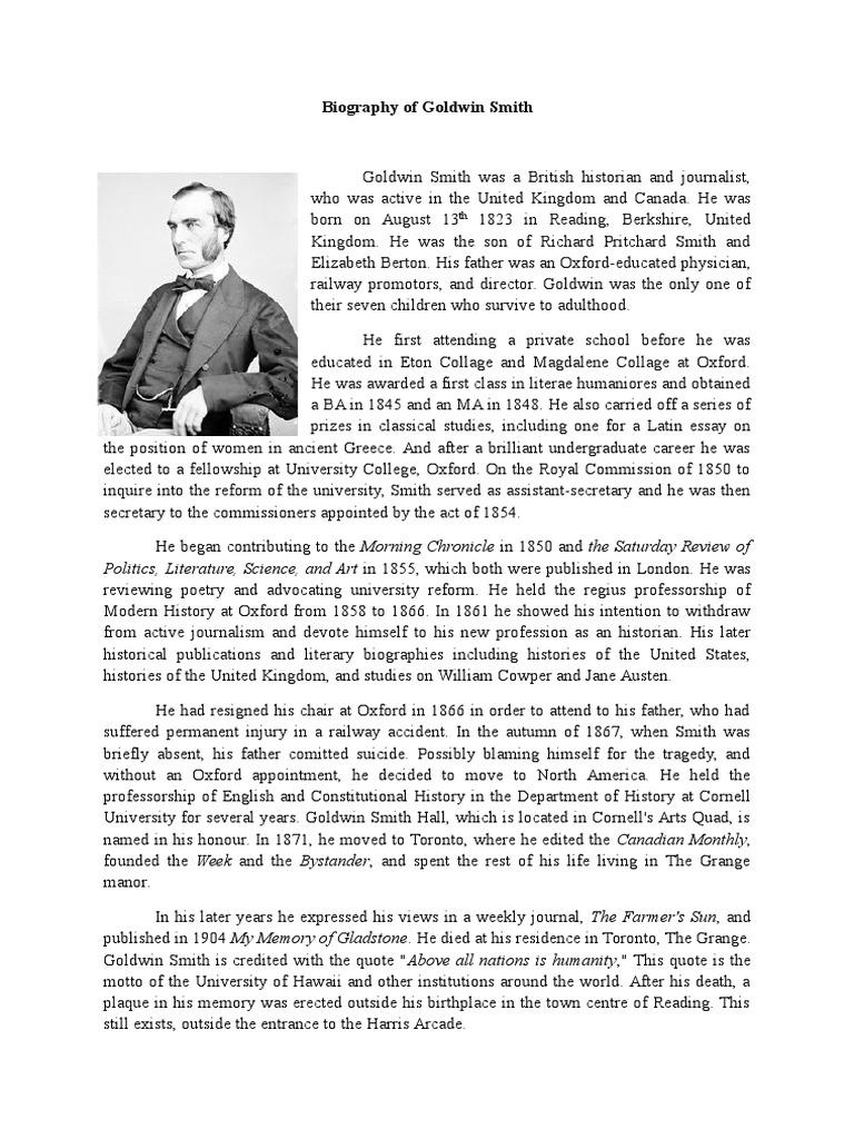 Goldwin Smith: Historian and Journalist | PDF