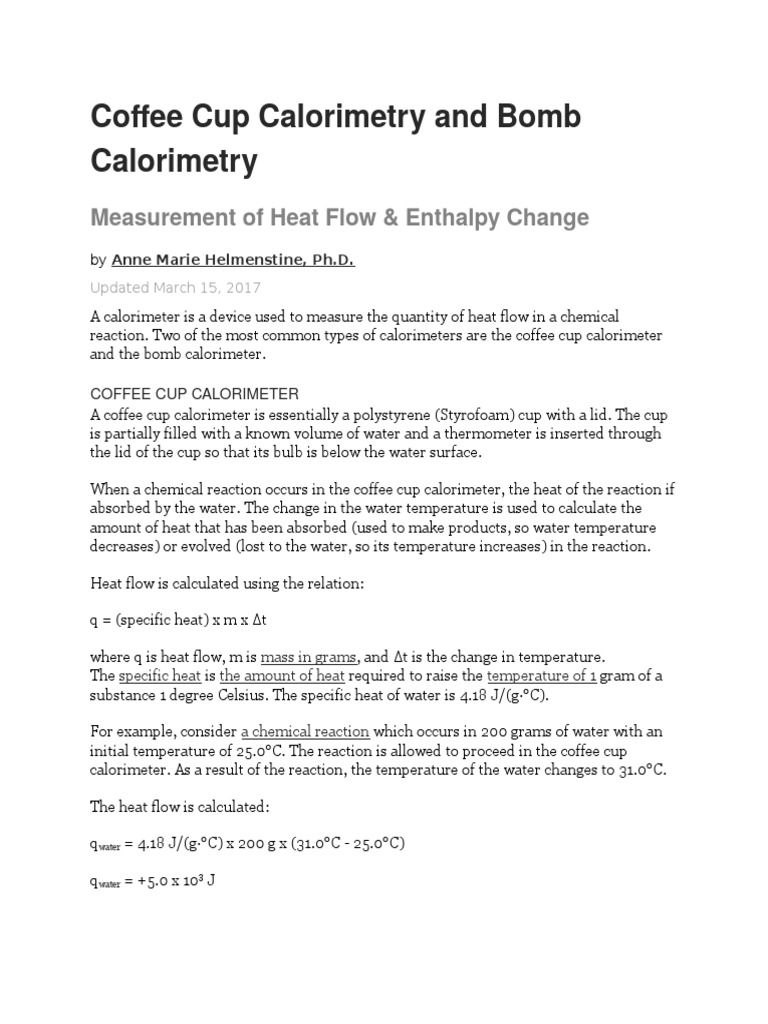 Coffee Cup Calorimetry and Bomb Calorimetry PDF Calorimetry Heat