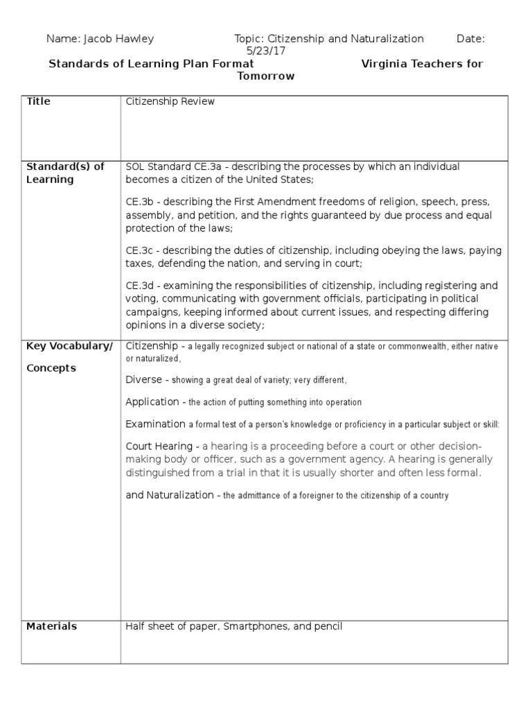 Standards of Learning Plan Format Virginia Teachers For Tomorrow PDF