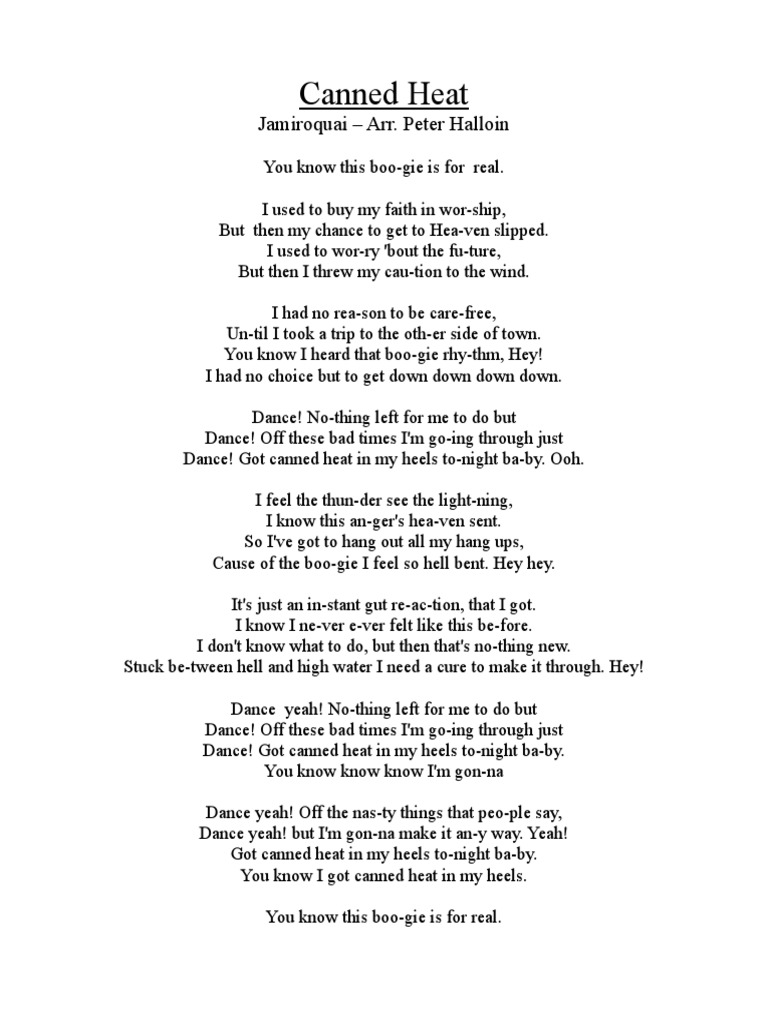 Canned Heat Lyrics Sheet PDF Leisure Entertainment (General)