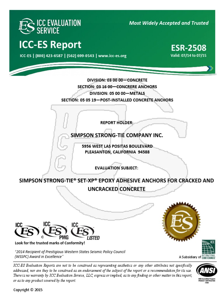 ESR 2508, Simpson Strong Tie Set XP Strength Of Materials Building