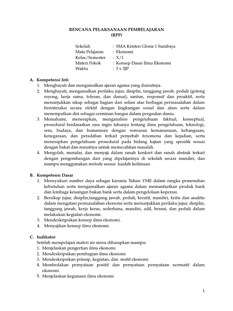 Rpp Ekonomi Kelas X Bab 1 K13 (Konsep Ilmu Ekonomi)