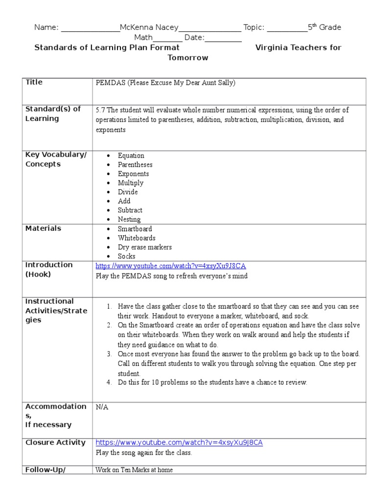 Pemdas Lesson Plan | PDF | Quality Of Life | Applied Psychology