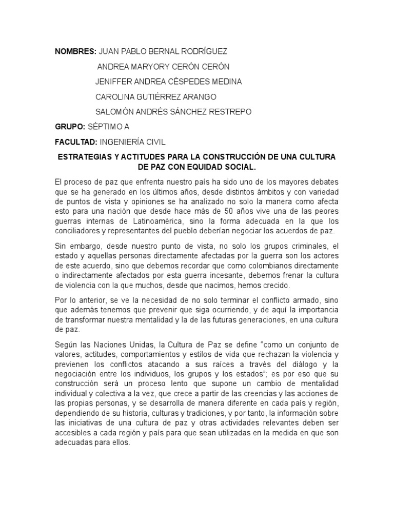 Estrategias y Actitudes para La Construcción de Una Cultura de Paz Con ...