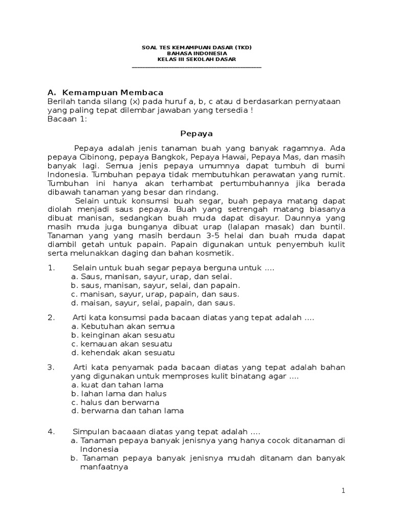 Contoh Soal Tes Kemampuan Dasar Matematika Kelas 3 Sd
