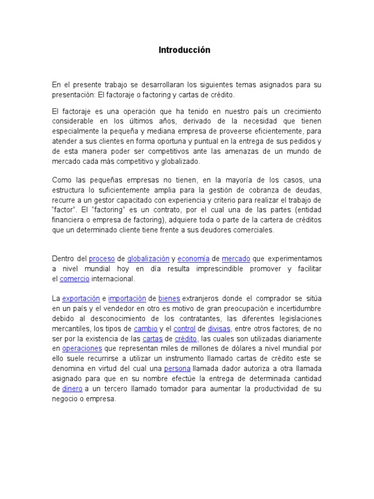 Factoraje y Cartas de Credito Trabajo Mate  Carta de crédito