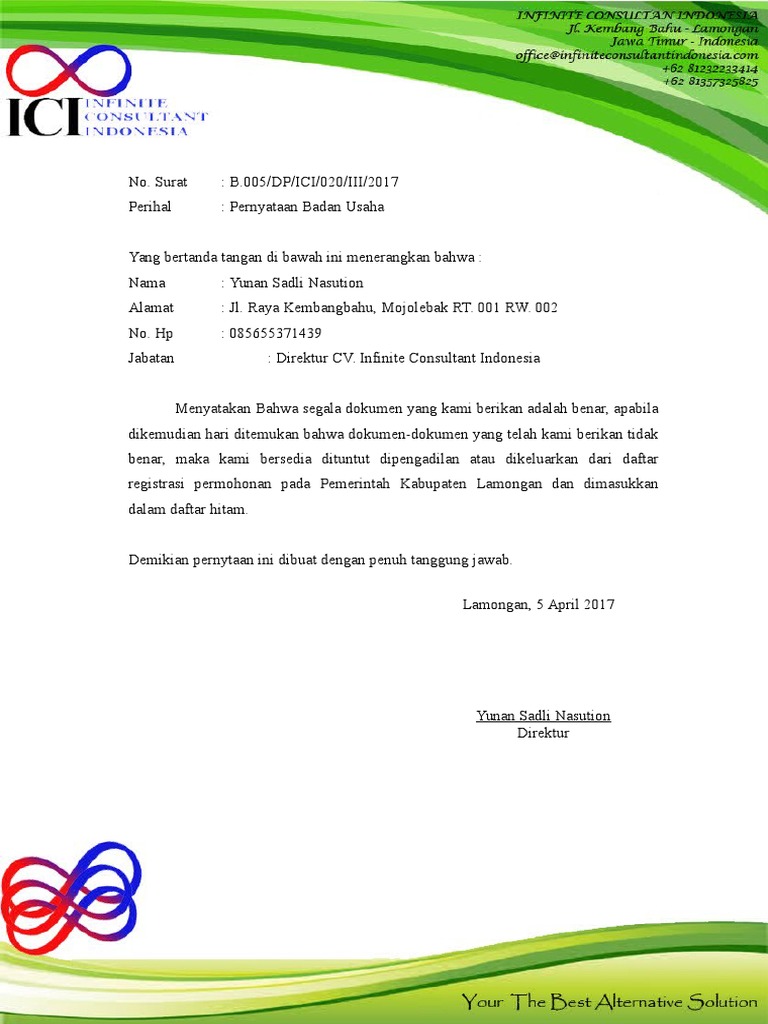 Contoh Surat Pernyataan Badan Usaha