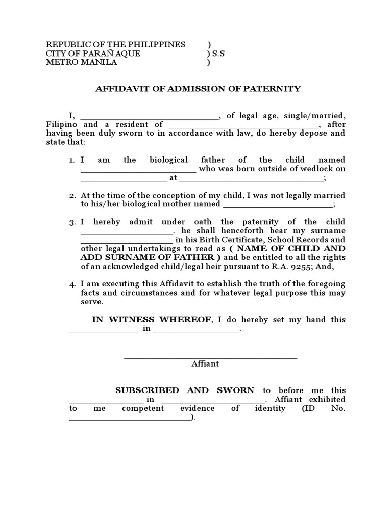 Affidavit of Admission of Paternity | PDF | Affidavit | Evidence