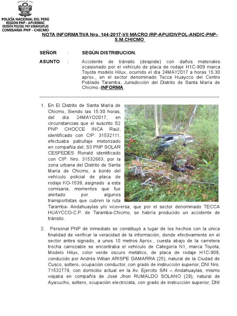 NOTA INFORMATIVA Accidente de Transito Taramba | Transporte ...
