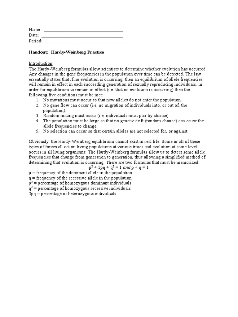Handout - Hardy Weinberg Practice Questions | Zygosity | Allele