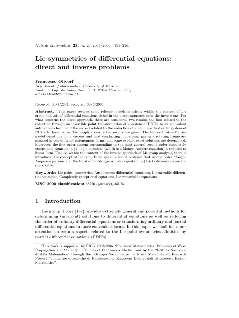 Lie Symmetries in Differential Equations | PDF | Partial Differential ...
