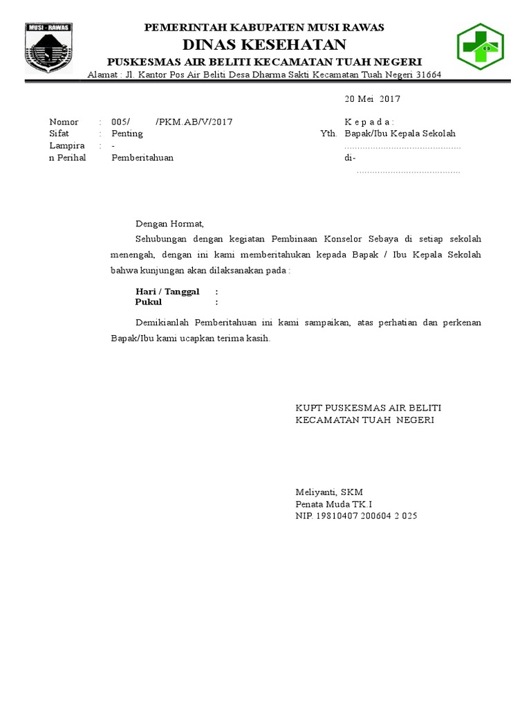 contoh surat pemberitahuan ke panwaslu contoh Surat Pemberitahuan Puskesmas Ke Sekolah