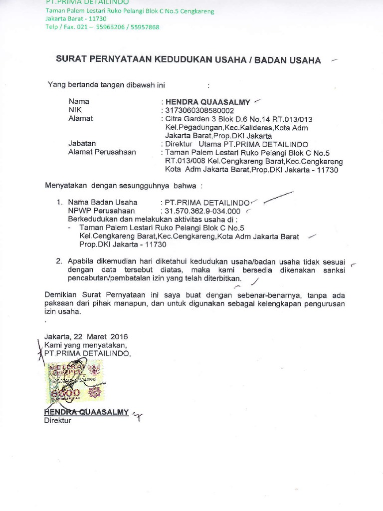 Contoh Surat Pernyataan Badan Usaha