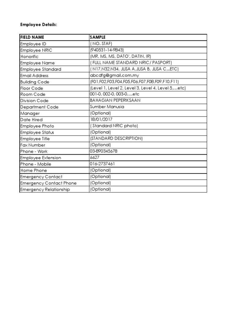 Employee Details: Field Name Sample | PDF