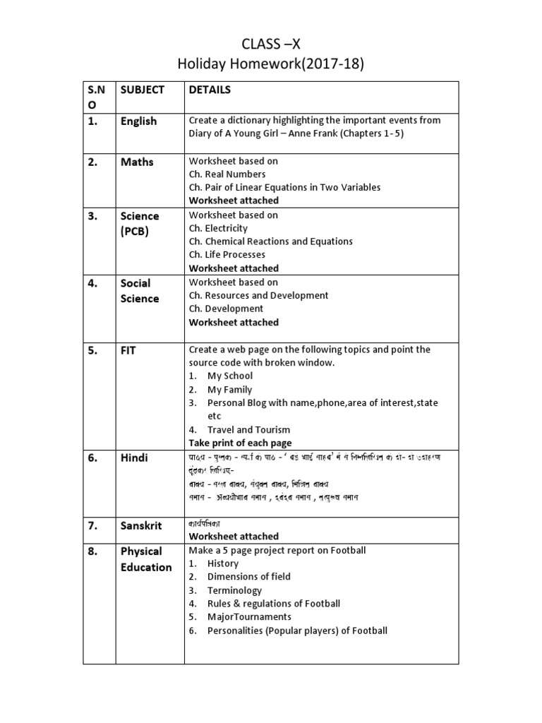 10 class holiday homework 2019 picture
