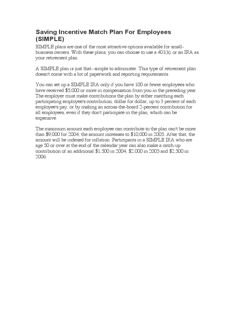 Saving Incentive Match Plan For Employees (Simple) | PDF | Finance ...