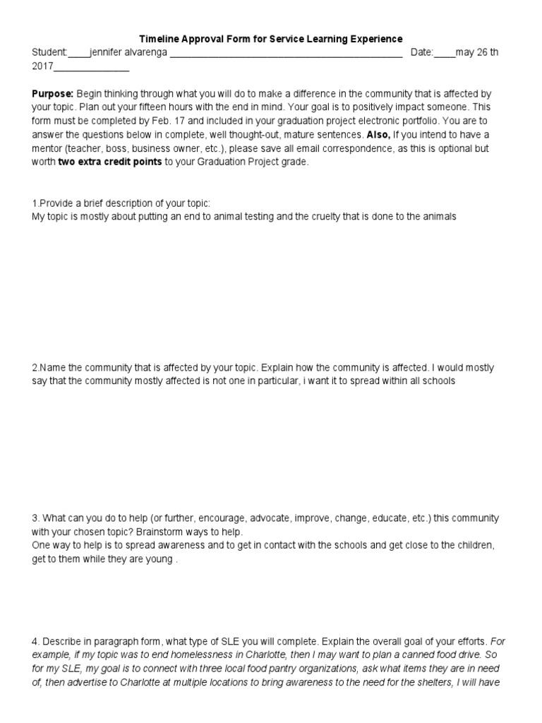 Timeline Approval Form For Service Learning Experience | PDF ...