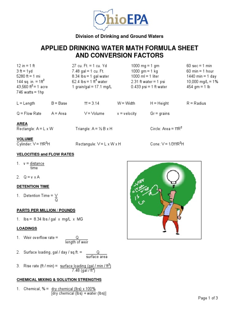 Applied Drinking Water Math Formula Sheet and Conversion Factors ...