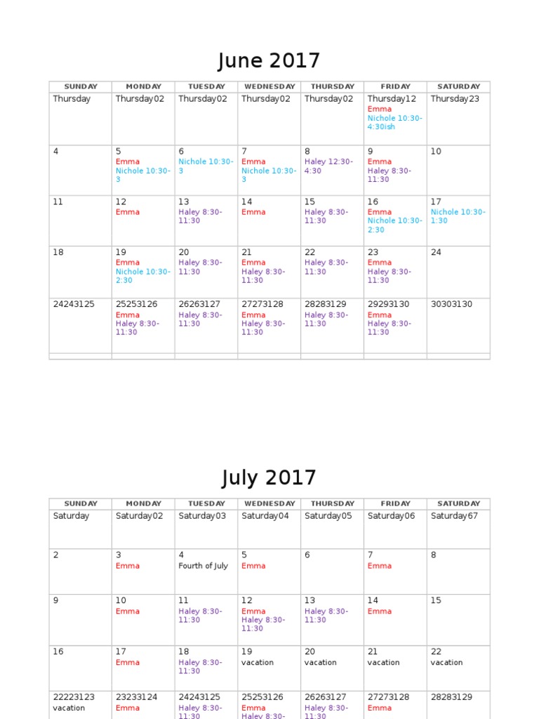 Babysitting Calendar PDF
