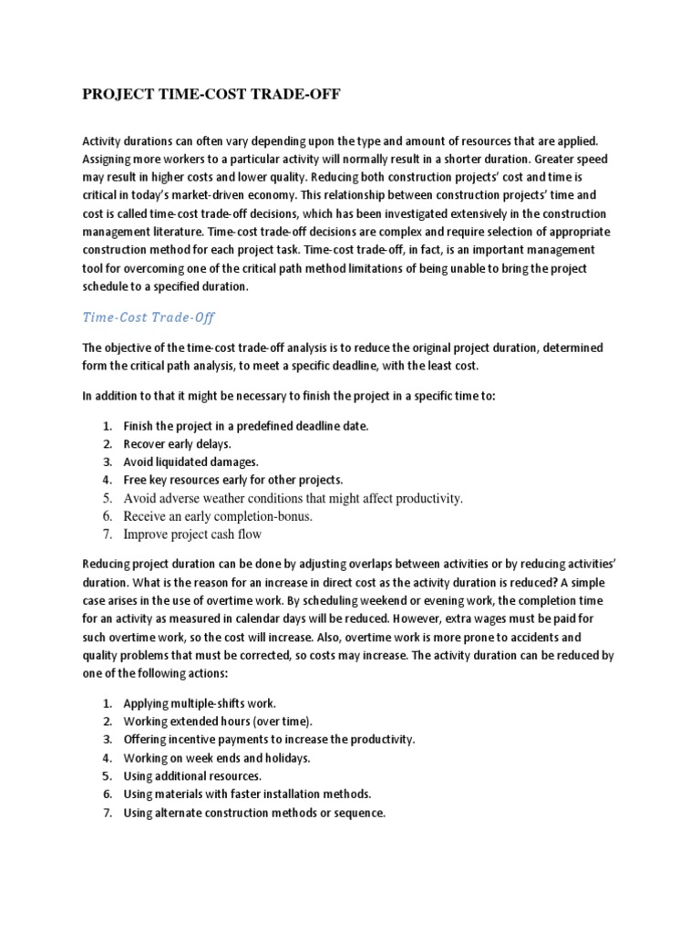 Time Cost Trade Off PDF PDF Trade Off Overtime