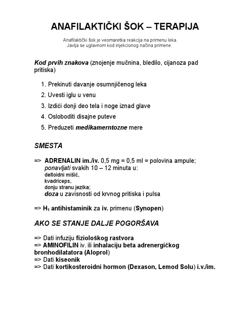ANAFILAKTIČKI ŠOK - terapija | PDF