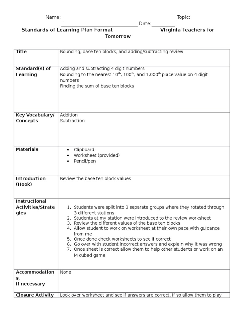 Standards of Learning Plan Format Virginia Teachers For Tomorrow | PDF