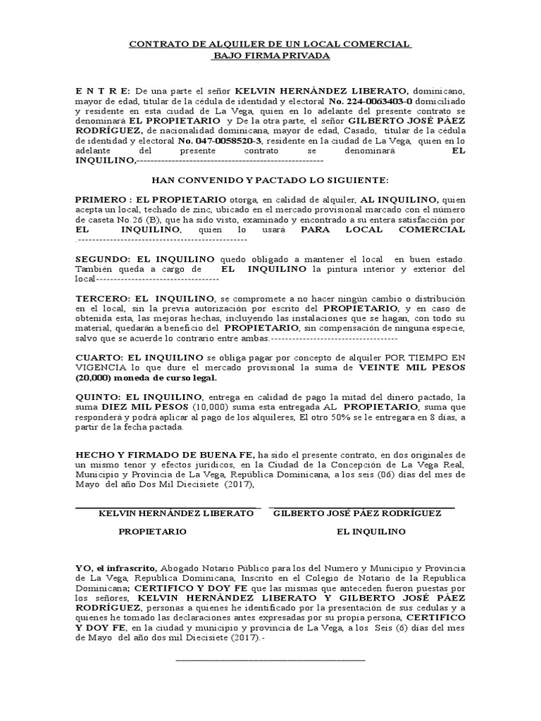 Contrato de Alquiler de Un Local Comercial PDF República Dominicana