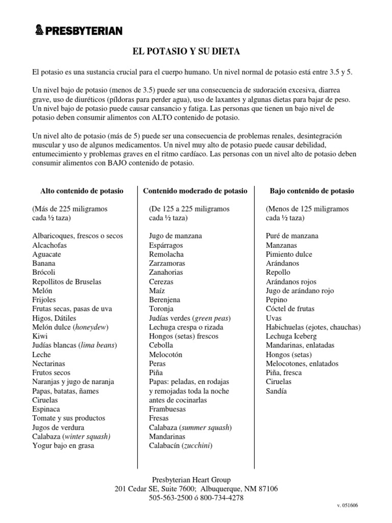 Alimentos y Dieta Baja en Potasio | PDF | Potasio | Dieta y nutrición