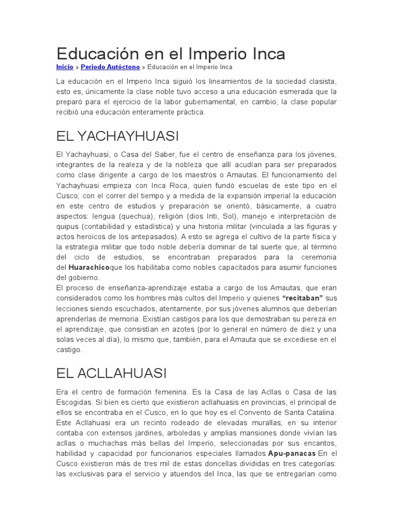Educación en El Imperio Inca | PDF | Imperio Inca | Nobleza