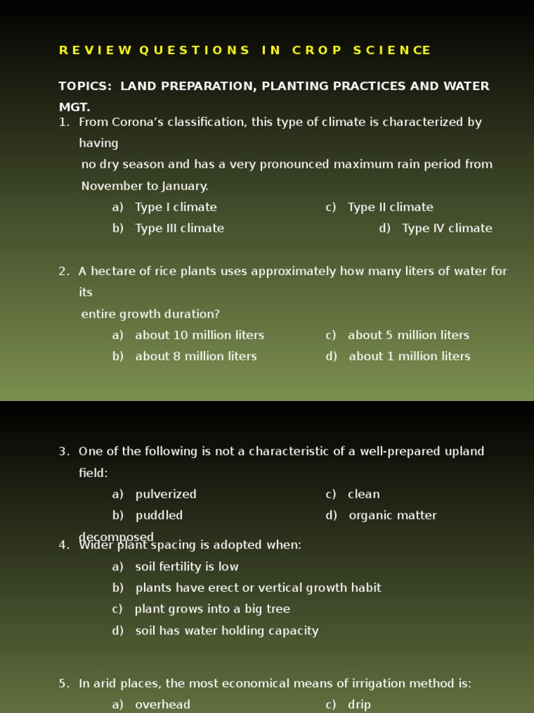 Crop Science Review Questions | PDF | Tillage | Soil