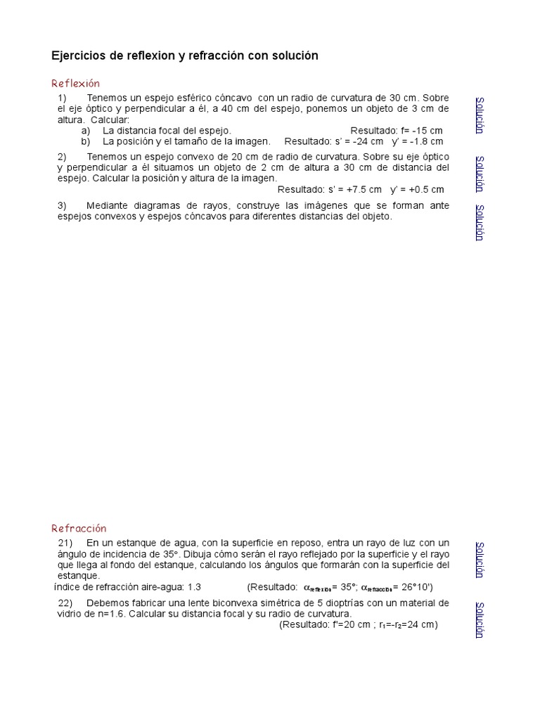 Ejercicios de reflexión y refracción | PDF | Espejo | Lente (óptica)