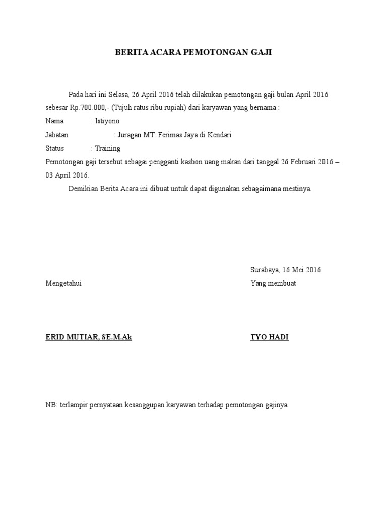 Berita Acara Pemotongan Gaji