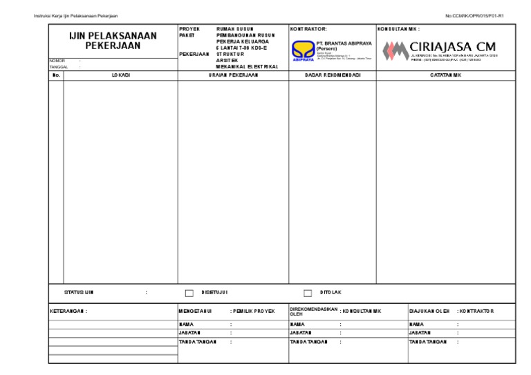 Format Ijin Pelaksanaan Pekerjaan