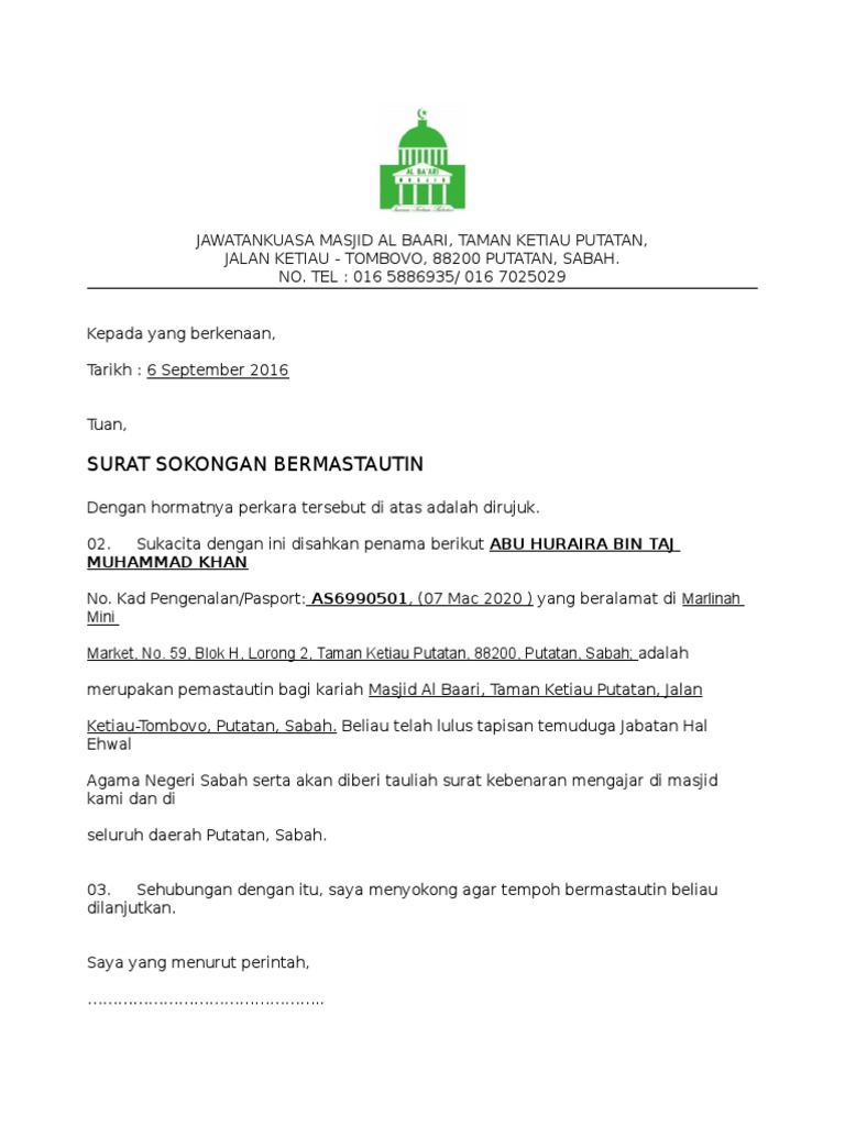 Contoh Surat Sokongan Mengerjakan Umrah Kepada Tok Imam