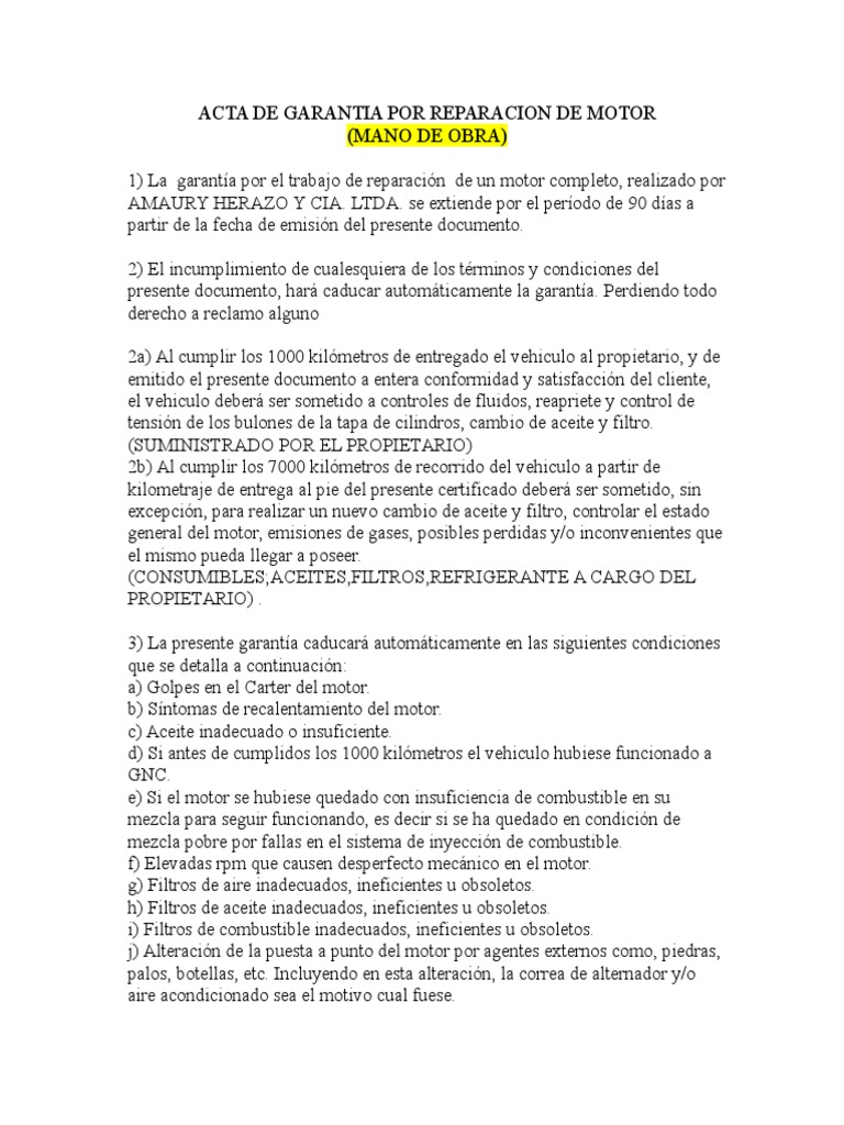 Acta De Garantia Por Reparacion De Motor Sal Calidad Comercial