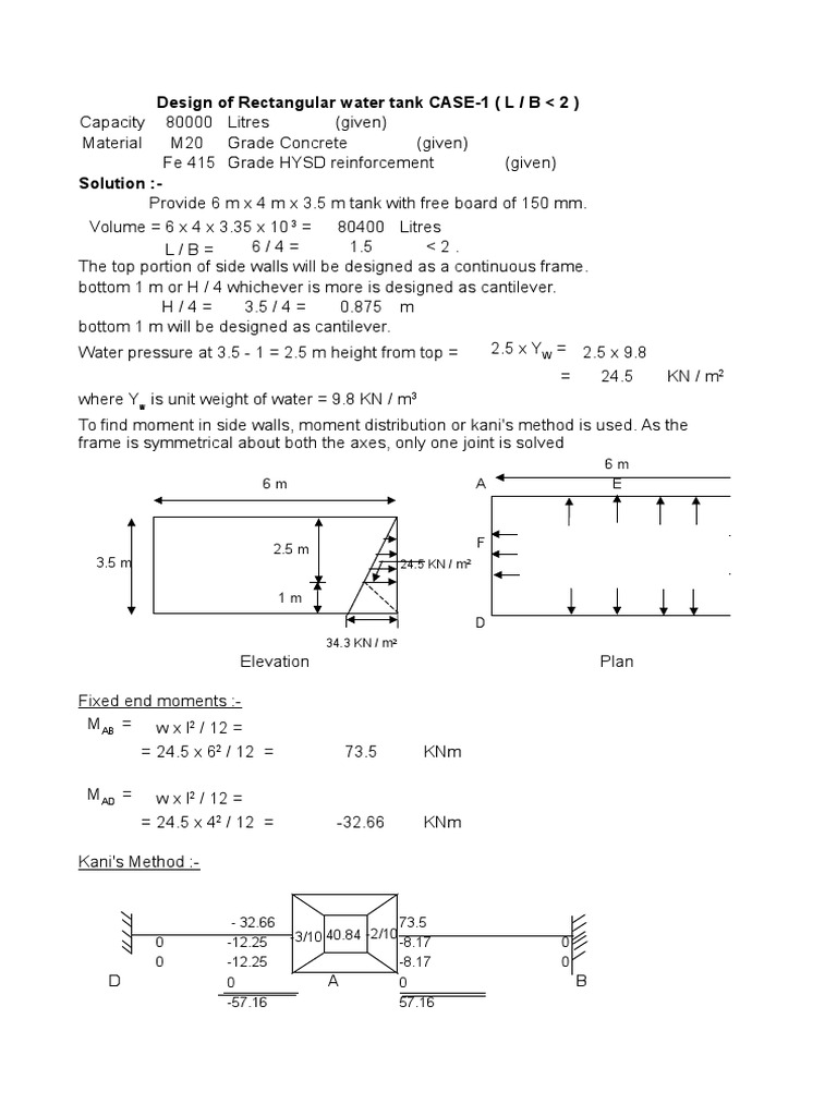 Rectangular Water Tank Design Case 1 | PDF | Bending | Concrete
