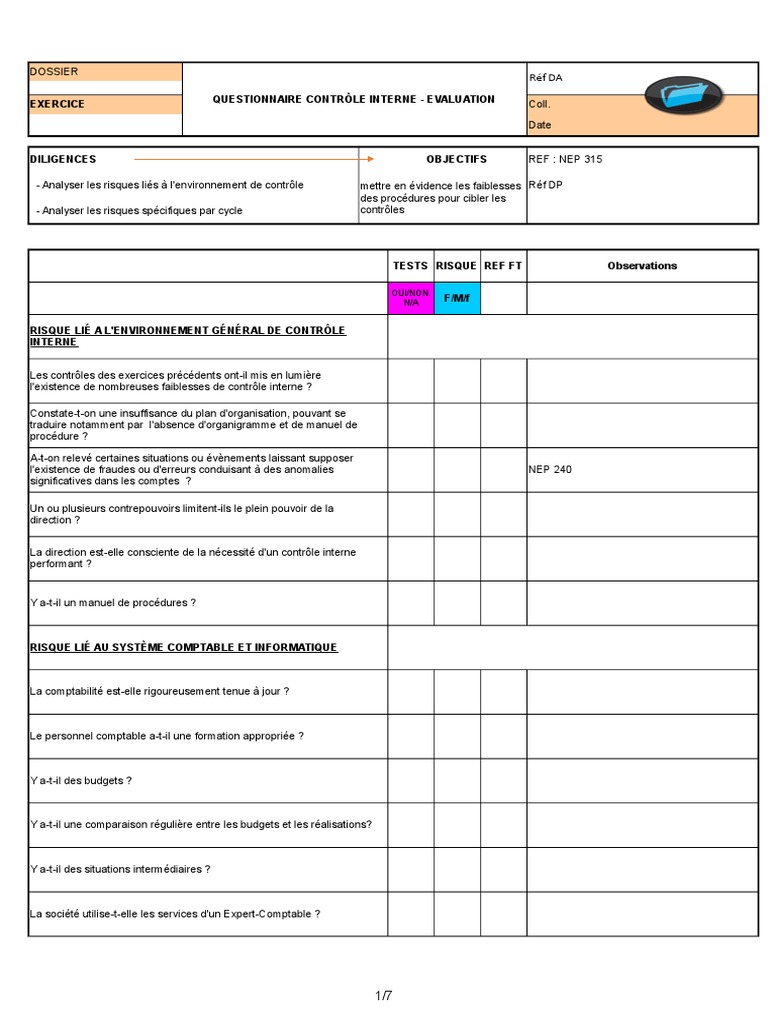 Questionnaire Sur Le Controle Interne  Inventaire  Facture