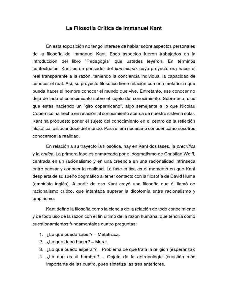 La Filosofía Crítica de Immanuel Kant PDF | PDF | Immanuel Kant | A ...