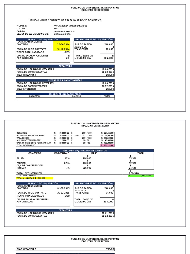 Liquidación De Contrato De Trabajo Servicio Domestico Lista Derecho