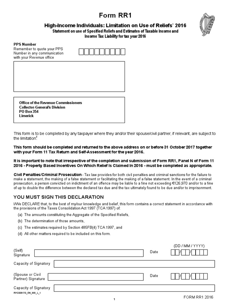 Form RR1: High-Income Tax Reliefs 2016 | PDF | Tax Deduction | Taxes