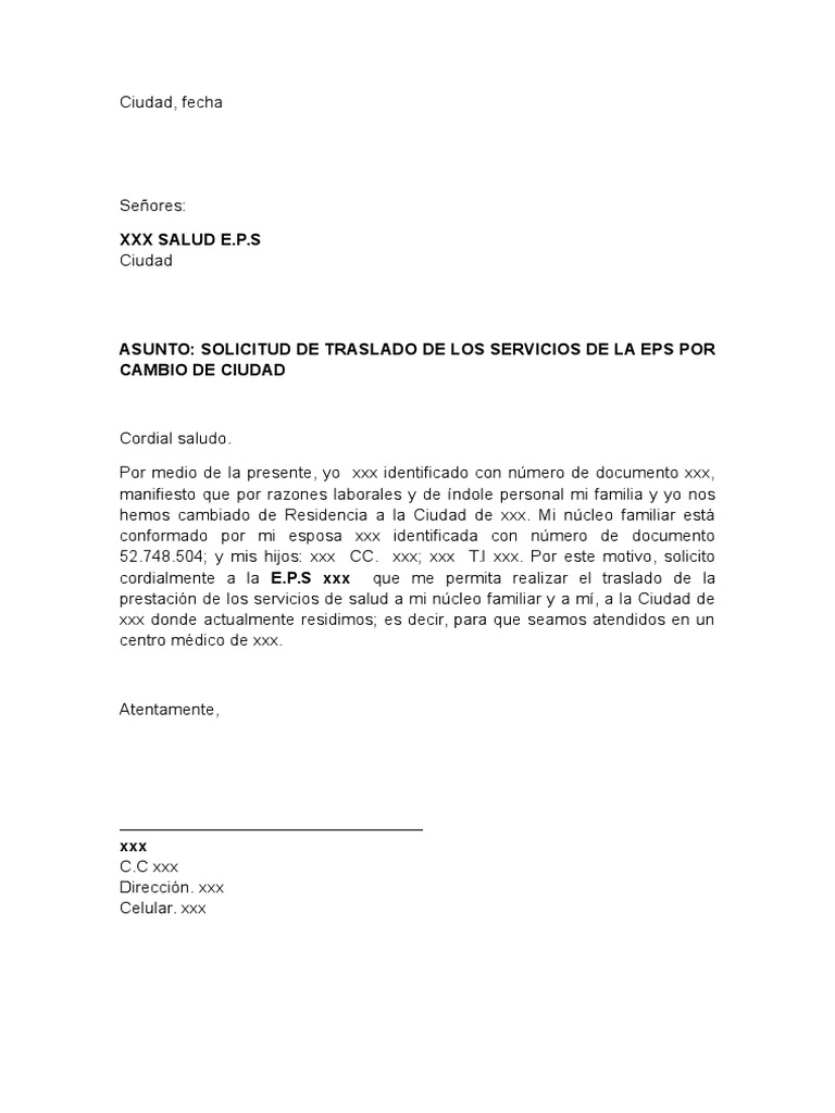 Formato Carta Solicitud De Traslado De Eps Pdf Bienestar Medicina