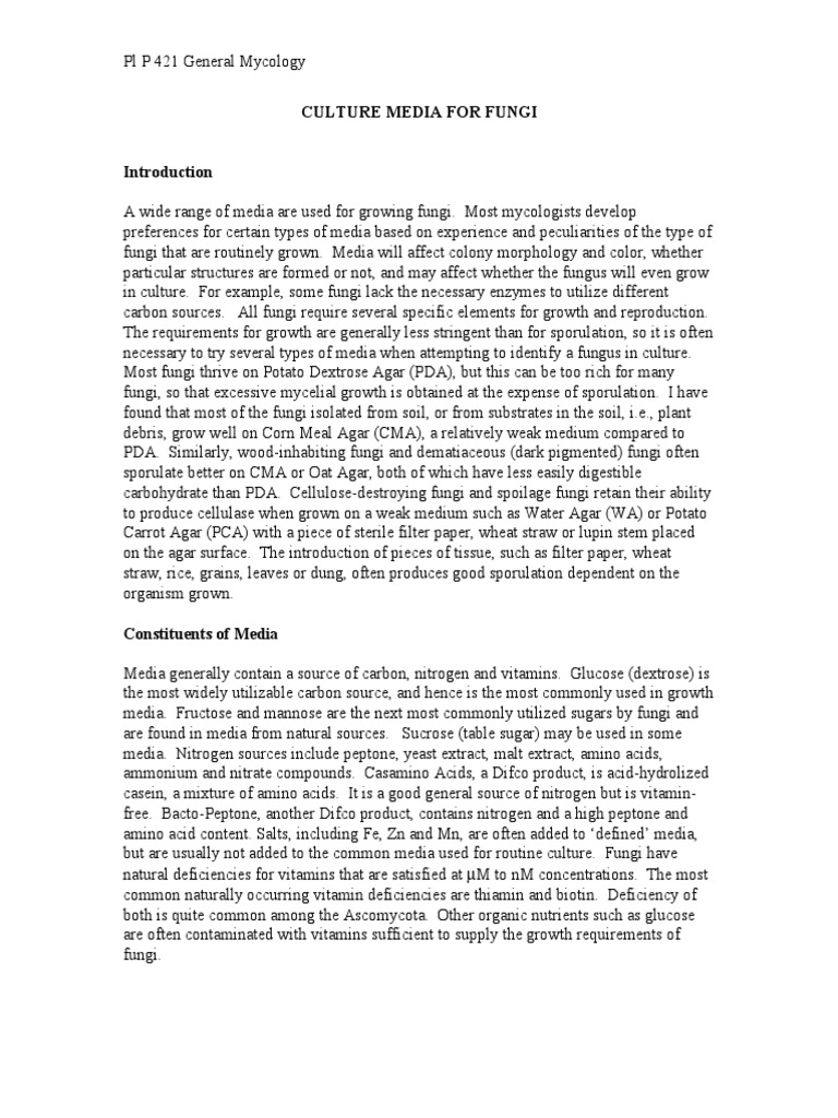 Culture Media For Fungi PDF Growth Medium Agar