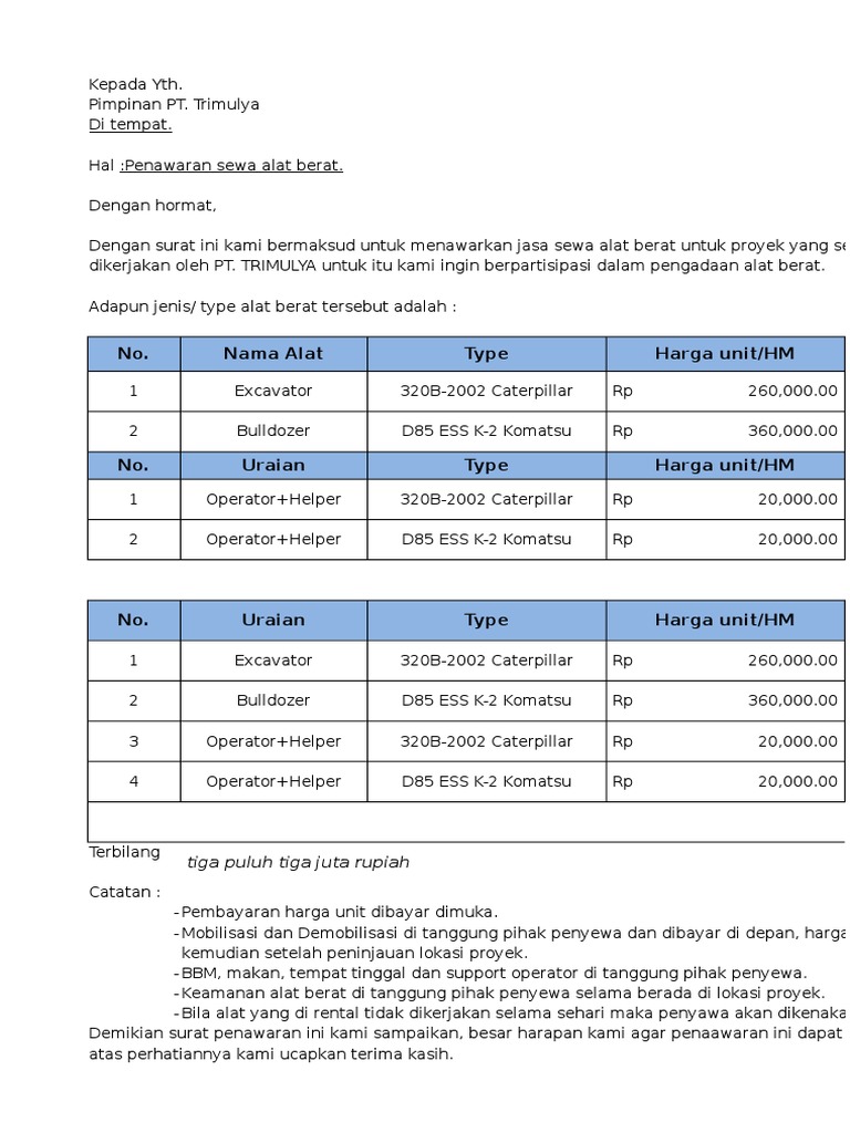 Surat Penawaran Alat Berat