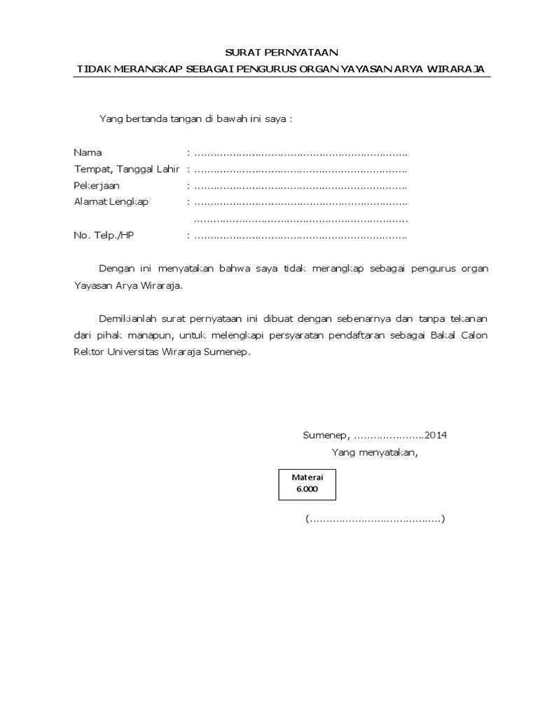Surat Pernyataan Tidak Merangkap Sebagai Pengurus An Yayasan Arya Wiraraja
