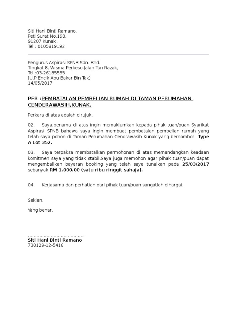 Contoh Surat Pembatalan Insurans Dalam Bahasa Melayu