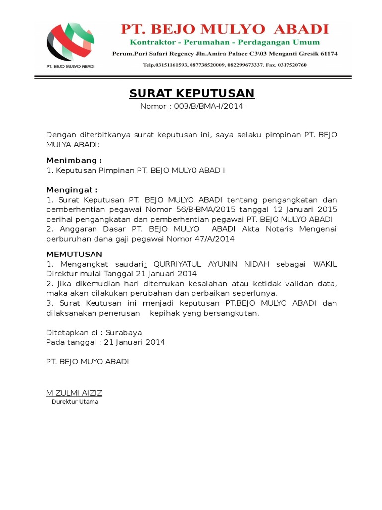 Surat Keputusan Direktur Utama Ptbma