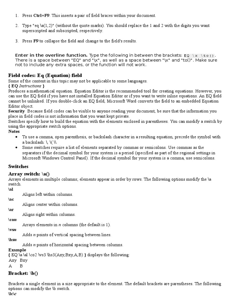 Field Codes Eq (Equation) Field PDF Bracket Fraction (Mathematics)