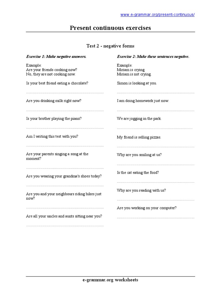 Present Continuous Negative Exercises | PDF | Leisure