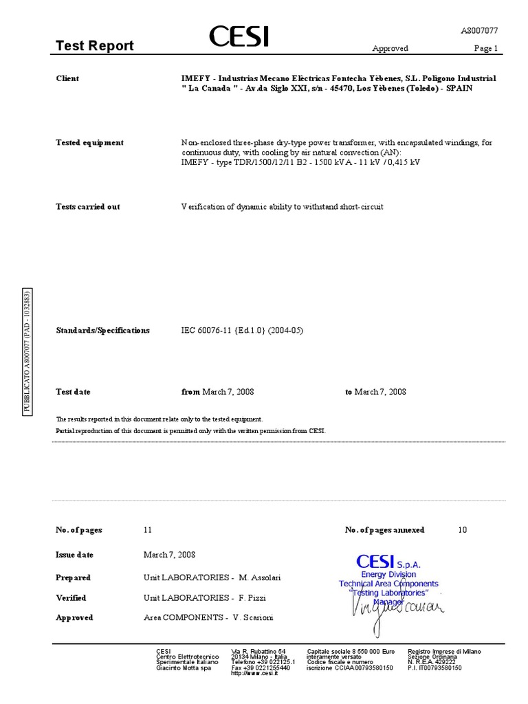 CESI Short-Circuit Test Report for IMEFY | PDF | Transformer | High Voltage